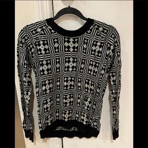 Joie sweater with geometric/Aztec design in black and white.